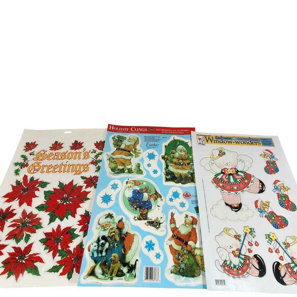 Static Cling Window Christmas Decorations x3 Poinsettias. Santas & Animals